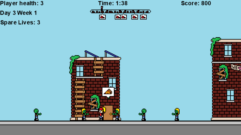 In-game Screenshot: Pizza girl surrounded by zombies