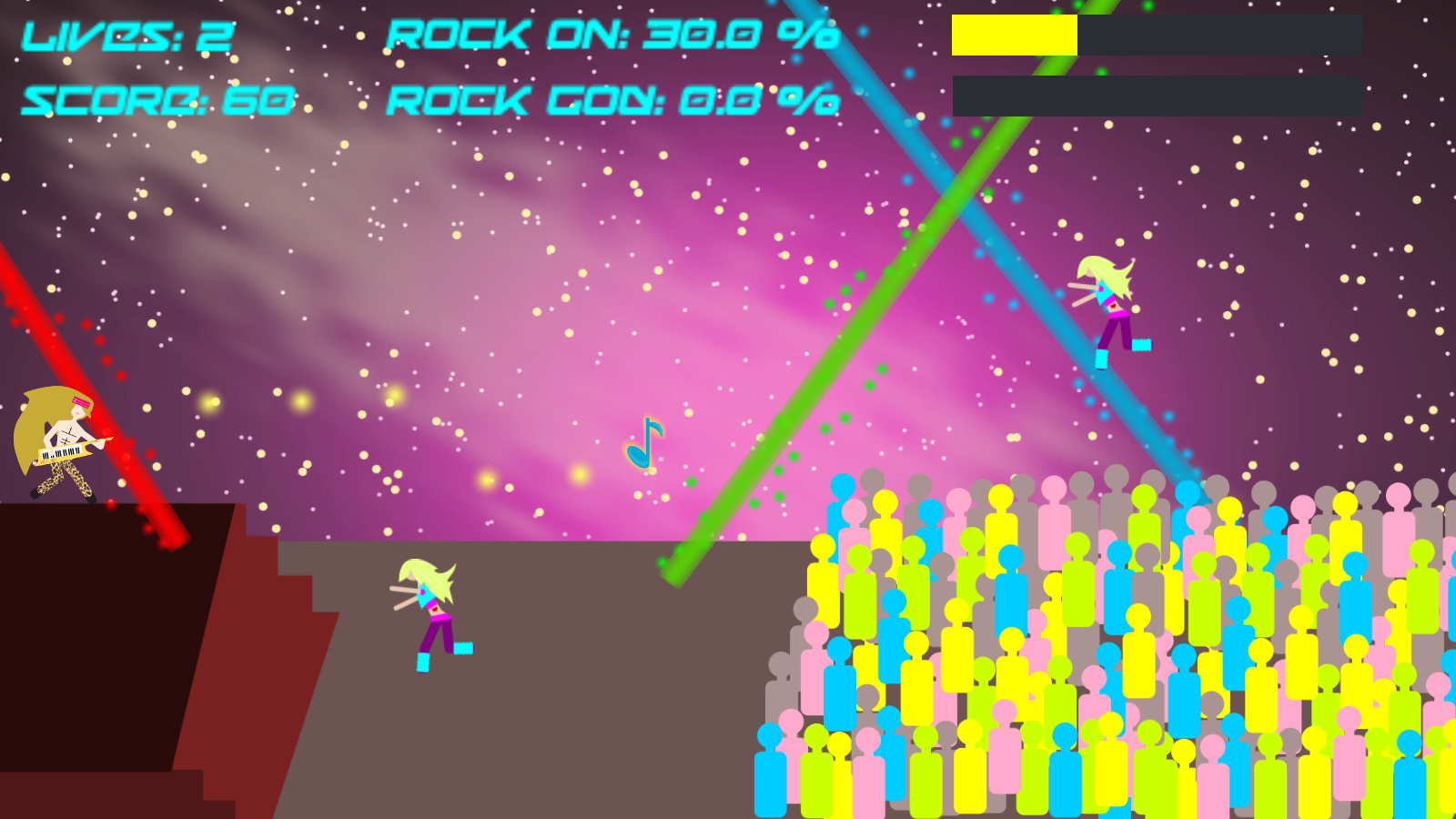 In-game screenshot. Jax floats by whipping his hair, playing a note at some fangirls.