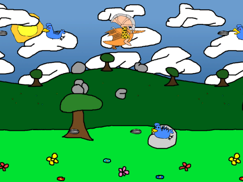 In-game screenshot: Dave the caveman winds up to throw a rock at some evil birds