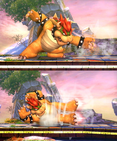 Two pictures of Bowser, one of a punch, another of a dropkick