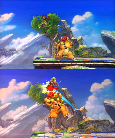 Two pictures, the first of Link jumping over Bowser, the second Bowser hitting Link in a similar scenario