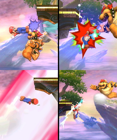 Four pictures; the first two demonstrate Mario hitting Bowser, who fails to tech, the second two demonstrate Bowser hitting Mario, who successfully techs