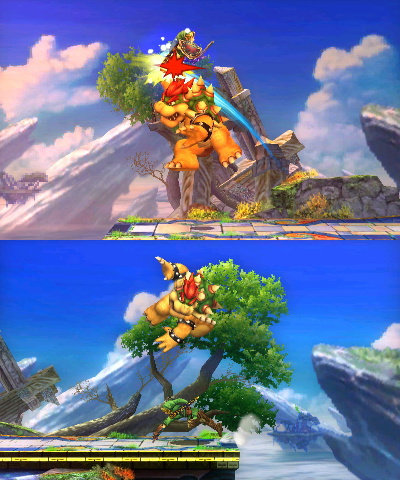 Two pictures, the first of Link getting hit by Bowser in midair, the second Link diving under Bowser in a similar scenario